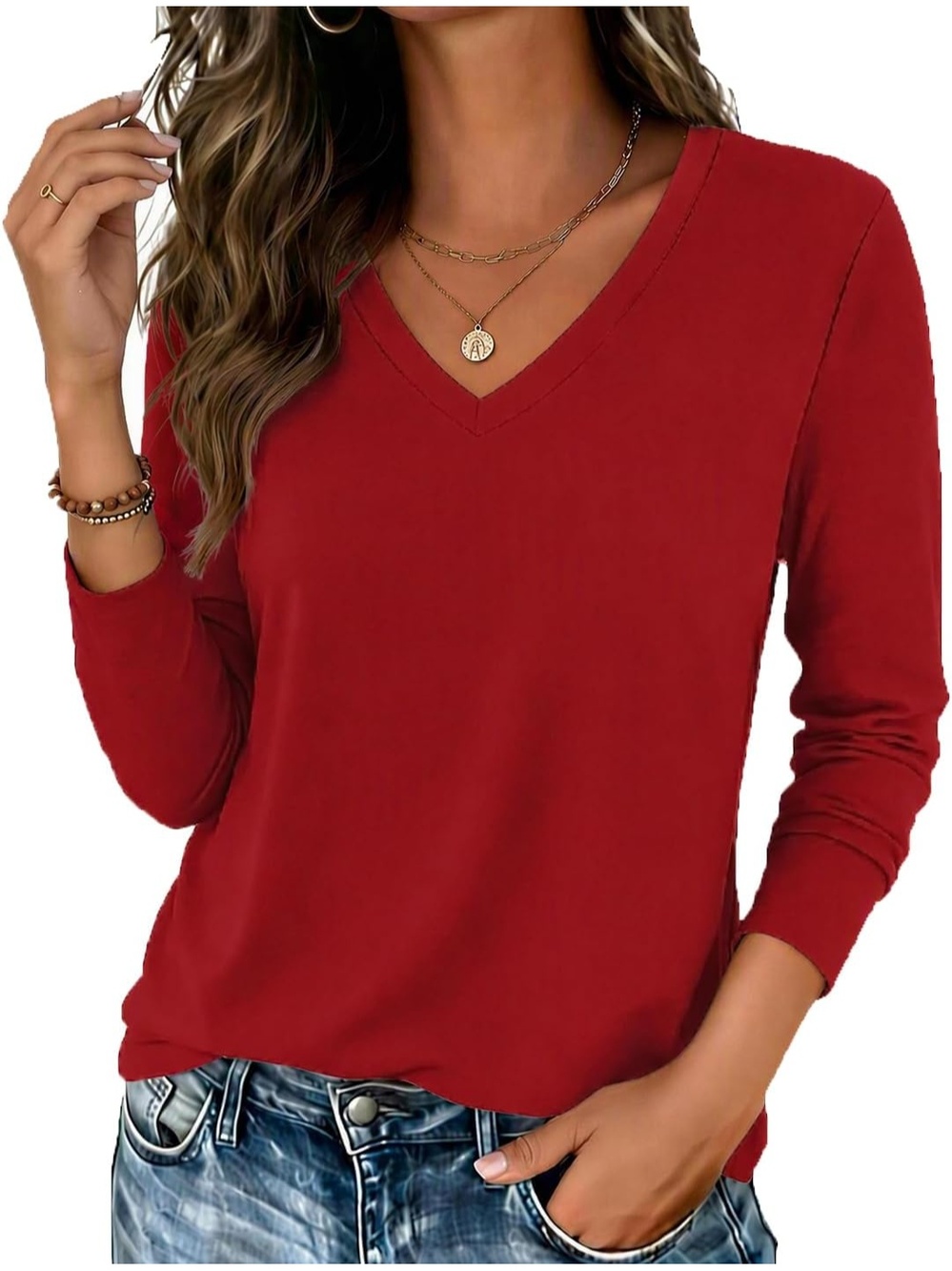 Women's Dark Red V Neck Long Sleeve Casual Basic Tee Fall Outfits Printed Tops